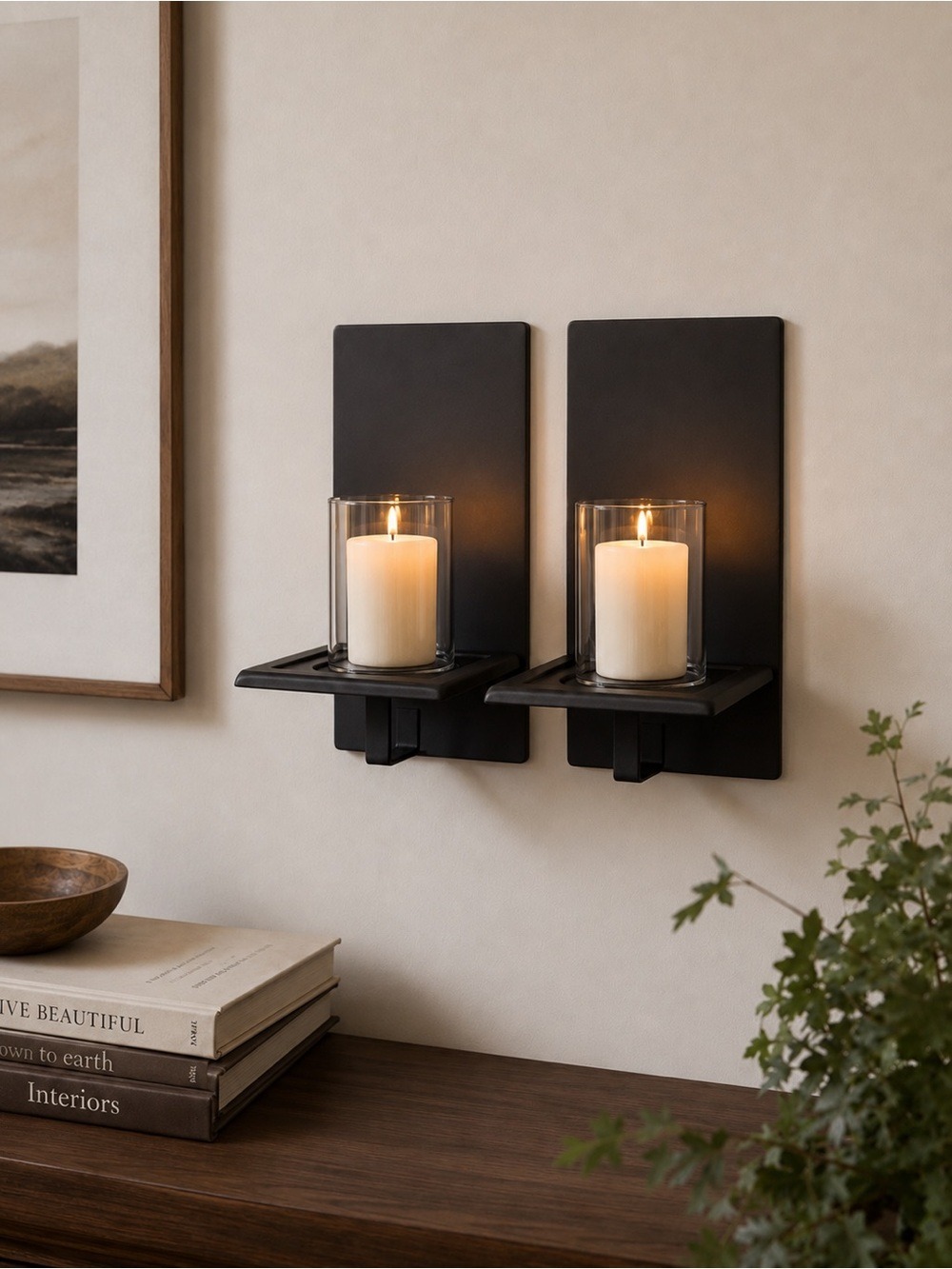 PartyLite Essentials Matte Black Metal Wall Sconces P9153 Pair Set of 2 w Box
